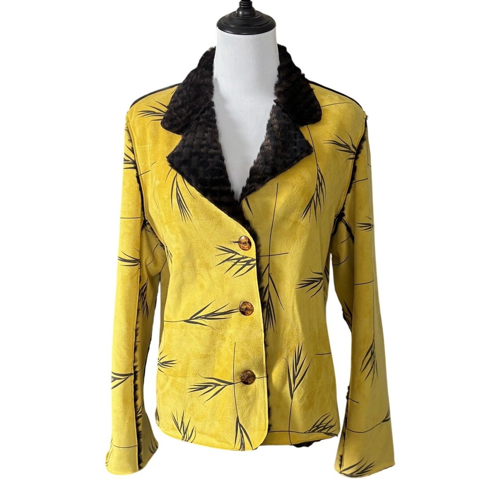 Robert Kitchen Faux‎ Suede Faux Fur Leaf Print Jacket Sz M Yellow Brown